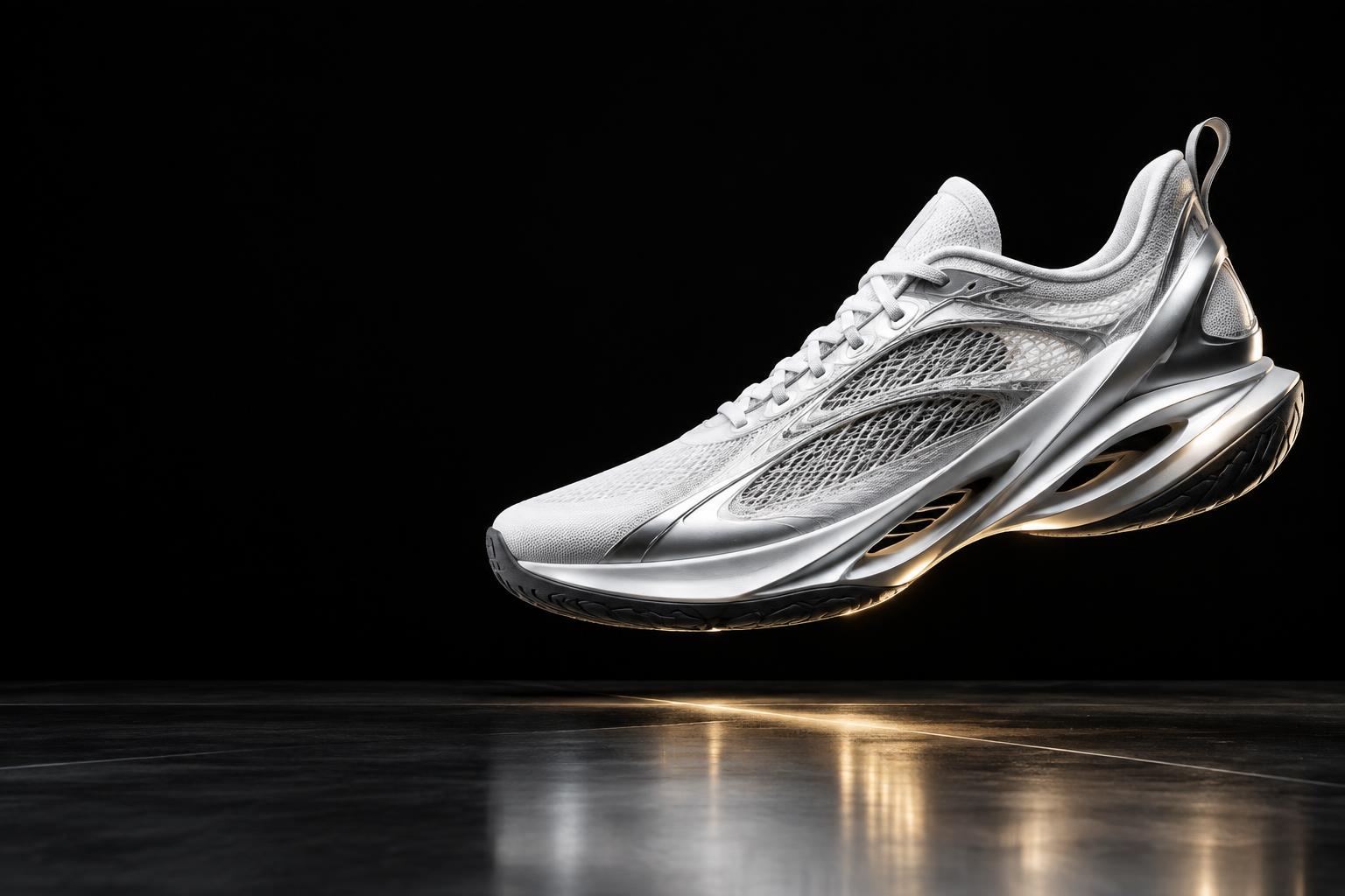 WALKION creative campaign: sculptural silver sneaker in a black studio